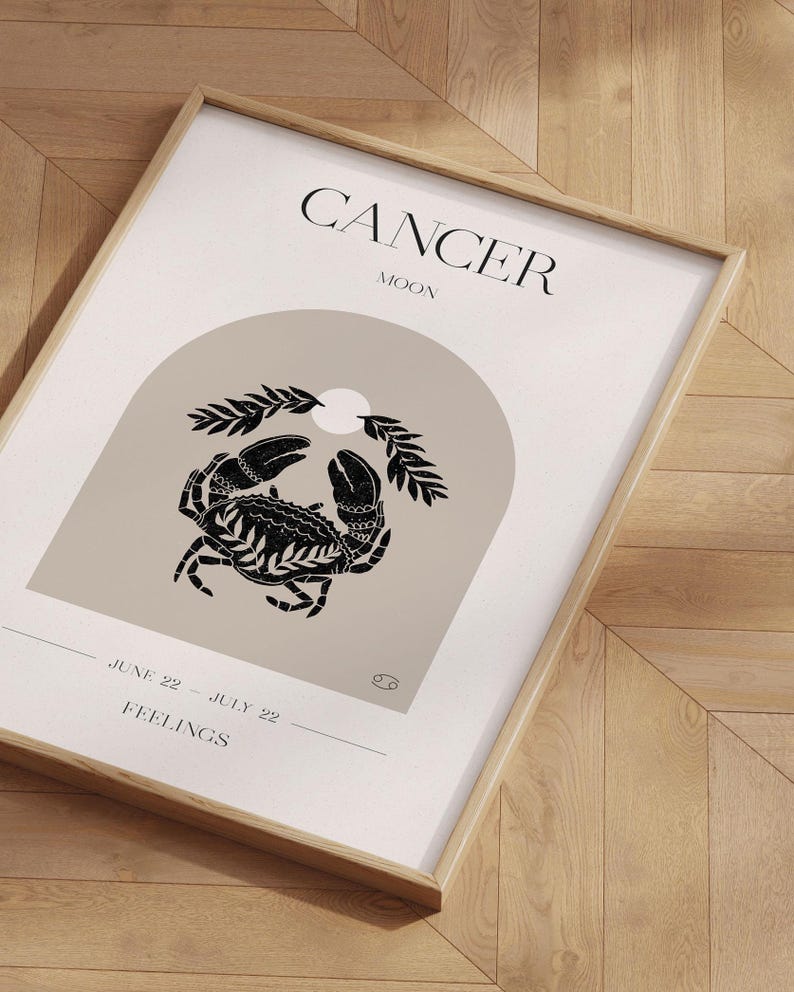 May include: A minimalist poster with a black and white illustration of a crab, the word "CANCER" in black text, and the words "MOON" and "FEELINGS" in smaller black text. The poster also includes the dates "JUNE 22 - JULY 22" and the astrological symbol for Cancer.