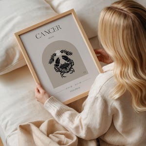 May include: A framed print with a minimalist design featuring the astrological sign Cancer. The print is in a light brown frame and has a beige background with a black crab illustration. The text "Cancer Moon" and "June 22 - July 22" is printed in black on the print. The text "Feelings" is printed in black at the bottom of the print.