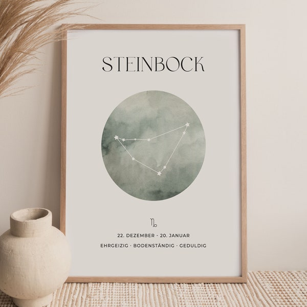 Steinbock Sternzeichen Kunstdruck mit Sternbild, Himmlische Wandkunst, Sternenkonstellation Geburtsposter, Astrologie Geburtstagsgeschenk