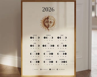 Moon calendar 2026 German, calendar poster 2026, moon phases wall decoration, moon phases poster, moon cycle, moon cycle diagram, printable calendar