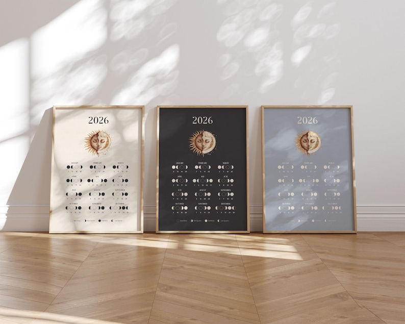 Moon Calendar 2026 English, Printable Calendar 2026, Moon Phases Wall ...