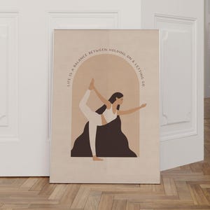 Poster Boho Yoga "La vita è un equilibrio tra trattenere e lasciare andare", posa yoga da parete, poster con citazione, energia positiva, stampa di una posa yoga