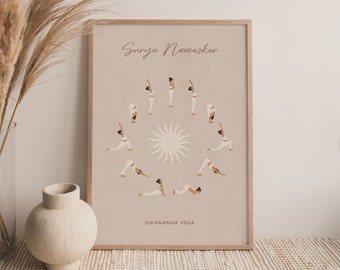 Yoga Sun Salutation Poster, Surya Namaskar, Yoga Art Print, Yoga Pose Poster, Yoga Gift Girlfriend, Boho Yoga Room, Yoga Teacher