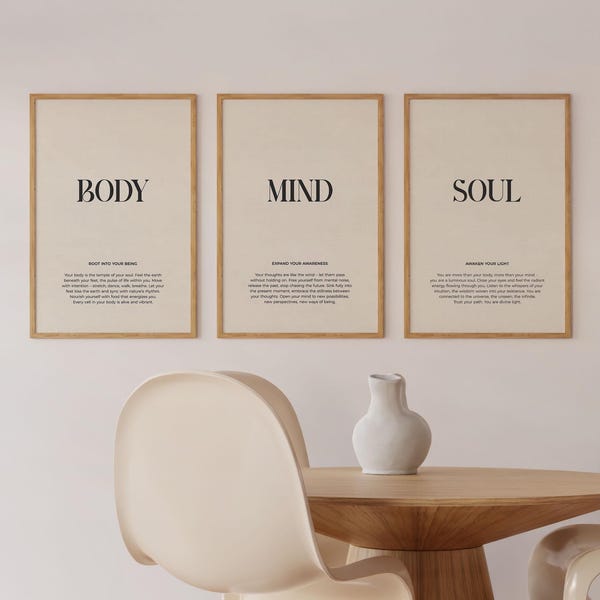 Body Mind Soul Art Prints Set of 3, Trendy Art Prints for the Bedroom, Modern Typography Poster, Spiritual Energy Wall Art