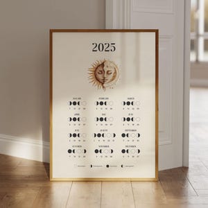 Calendario lunar 2025 en inglés, Calendario imprimible 2025, Arte mural de las fases lunares, Gráfico del ciclo lunar, Impresión de las fases lunares, Calendario de pared