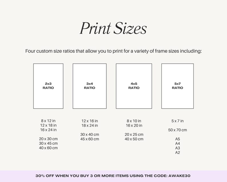 May include: A graphic showing four different print size ratios for artwork, with the text "2x3 Ratio", "3x4 Ratio", "4x5 Ratio", and "5x7 Ratio". The graphic also includes common print sizes in inches and centimeters, as well as standard paper sizes like A5, A4, A3, and A2.