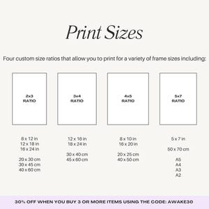 May include: A graphic showing four different print size ratios for artwork, with the text "2x3 Ratio", "3x4 Ratio", "4x5 Ratio", and "5x7 Ratio". The graphic also includes common print sizes in inches and centimeters, as well as standard paper sizes like A5, A4, A3, and A2.
