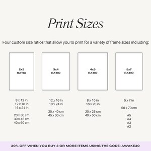 May include: A graphic showing four different print size ratios for artwork, with the text "2x3 Ratio", "3x4 Ratio", "4x5 Ratio", and "5x7 Ratio". The graphic also includes common print sizes in inches and centimeters, as well as standard paper sizes like A5, A4, A3, and A2.