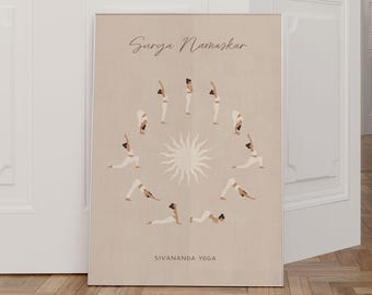 Yoga Sun Salutation Poster, Surya Namaskar, Yoga Art Print, Yoga Pose Poster, Yoga Gift Girlfriend, Boho Yoga Room, Yoga Teacher