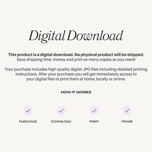 Op de afbeelding: Een aankondiging voor een digitaal downloadproduct met de tekst "Digital Download". De tekst legt uit dat het product een digitale download is, zonder verzending van een fysiek product. Bevat stappen: Kopen, Downloaden, Afdrukken en Inlijsten.