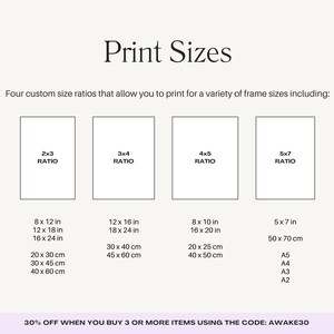 K&ouml;nnte beinhalten: Cremefarbene Grafik mit dem Text "Print Sizes" und Gr&ouml;&szlig;enverh&auml;ltnissen f&uuml;r Drucke. Enth&auml;lt 2x3, 3x4, 4x5 und 5x7 Verh&auml;ltnisse mit entsprechenden Abmessungen in Zoll und Zentimetern. Der untere Teil der Grafik enth&auml;lt Text &uuml;ber einen Rabatt.