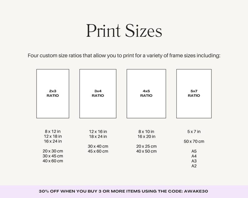 K&ouml;nnte beinhalten: Cremefarbene Grafik mit dem Text "Print Sizes" und Gr&ouml;&szlig;enverh&auml;ltnissen f&uuml;r Drucke. Enth&auml;lt 2x3, 3x4, 4x5 und 5x7 Verh&auml;ltnisse mit entsprechenden Abmessungen in Zoll und Zentimetern. Der untere Teil der Grafik enth&auml;lt Text &uuml;ber einen Rabatt.