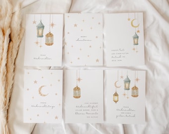 Set of 12 Christmas cards moon and stars, greeting cards Christmas watercolor modern, Christmas cards to print, Christmas cards
