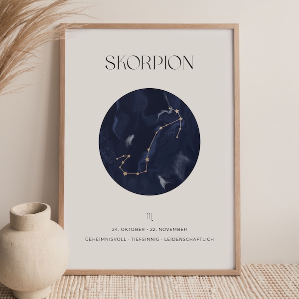 Skorpion Sternzeichen Kunstdruck mit Sternbild, Himmlische Wandkunst, Sternenkonstellation Geburtsposter, Astrologie Geburtstagsgeschenk