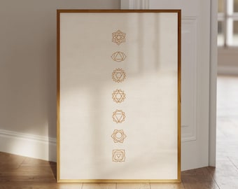 Póster minimalista de chakras dorado, arte mural de yoga, regalo de yoga, póster energético, póster espiritual