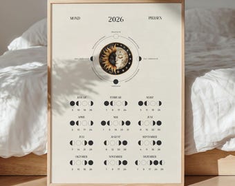 Moon calendar 2026 German, moon phases 2026 calendar poster, moon phases wall decoration, moon cycle, moon cycle diagram, wall calendar