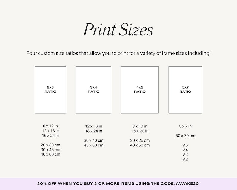 May include: A graphic showing four different print size ratios for artwork, with the text "2x3 Ratio", "3x4 Ratio", "4x5 Ratio", and "5x7 Ratio". The graphic also includes common print sizes in inches and centimeters, as well as standard paper sizes like A5, A4, A3, and A2.