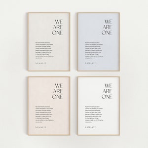 May include: Four minimalist posters with a white background and black text. Each poster features the phrase "We Are One" and a poem about honoring the soul and the universe. The posters have a light pink, light blue, and light beige background.