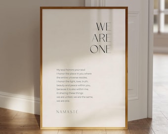 Póster de Namaste "Somos Uno", póster con citas positivas, póster de yoga, póster espiritual, póster de conciencia, póster zen, arte mural espiritual