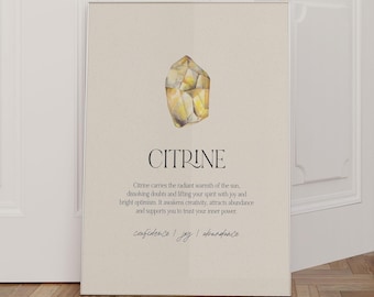 Citrine Stone Poster, Crystal Stone Wall Art, Crystal Artwork Poster, Healing Stone Gift, Crystal Poster Printable