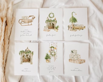 Set of 12 Christmas cards watercolor, greeting cards Christmas watercolor modern, Christmas cards to print, minimalist Christmas card