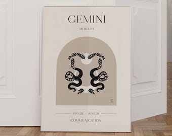 Póster del signo zodiacal Géminis, arte mural bohemio del zodiaco, regalos para Géminis, decoración para Géminis, regalos para el signo zodiacal