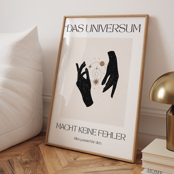 Universum Poster mit Hand Illustration und Planeten, Himmlische Wandkunst für Positives Mindest, Gesetz der Anziehung