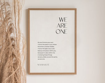 Namaste Poster "We Are One", Positive Sayings Poster, Yoga Poster, Spiritual Poster, Consciousness, Zen Poster, Spiritual Wall Art