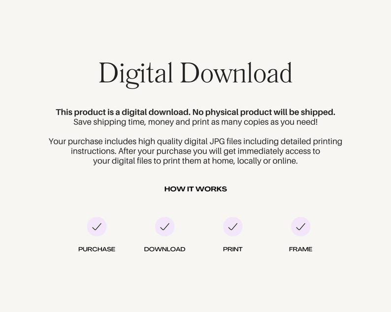 K&ouml;nnte beinhalten: Grafik zum digitalen Download auf hellbeigem Hintergrund. Der Text "Digital Download" steht oben. Darunter beschreibt der Text das Produkt als digitalen Download mit Anweisungen. Vier Symbole mit H&auml;kchen und Text: Kaufen, Herunterladen, Drucken und Rahmen.