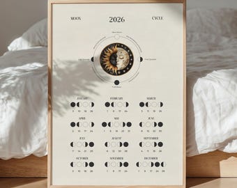 Moon calendar 2026 English, calendar poster, moon phases wall decoration, moon phases poster, moon cycle, moon cycle diagram, wall calendar