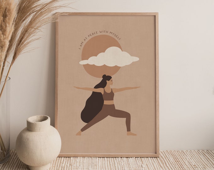 Yoga Poster "I Am At Peace With Myself", Saying Poster, Yoga Gift, Spiritual Poster, Positive Thoughts, Yoga Pose Print