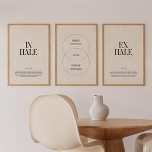 Conjunto de pôster de respiração de 3, pôster de inspiração e expiração, pôster de respiração, imagem de atenção plena, download de arte de parede de atenção plena, pôster de respiração