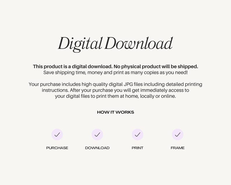 Puede incluir: Gr&aacute;fico de descarga digital con fondo blanco y texto negro. El texto dice "Descarga digital". Debajo del texto hay una descripci&oacute;n del producto y c&oacute;mo funciona. El gr&aacute;fico incluye cuatro marcas de verificaci&oacute;n con las palabras "Comprar", "Descargar", "Imprimir" y "Enmarcar" debajo de cada marca de verificaci&oacute;n.