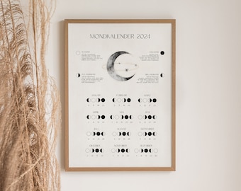 Lunar calendar 2024, printable calendar moon phases, poster moon watercolor, astrology, wall calendar, year planner