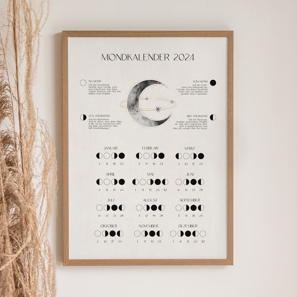 Mondkalender 2024, Druckbarer Kalender Mondphasen, Poster Mond Watercolor, Astrologie, Wandkalender, Jahresplaner