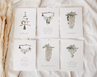 Set of 12 Christmas cards Boho Macrame, greeting cards Christmas watercolor modern, Christmas cards to print, Christmas cards