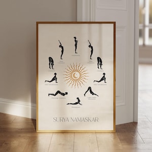 Poster yoga del Saluto al Sole, Poster yoga del Saluto al Sole, Arte murale con posizioni yoga, Stampa artistica di Surya Namaskar Yoga