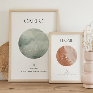 Póster de nacimiento, regalo de nacimiento, póster personalizado de signo del zodíaco, regalo de cumpleaños, regalo de signo del zodíaco, descarga digital