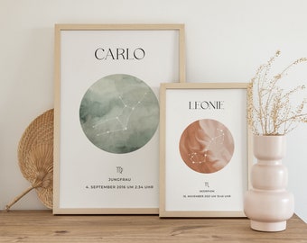 Birth poster, gift for birth, personalized zodiac sign poster, birthday gift, zodiac sign gift, digital download