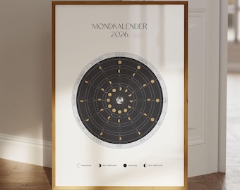 Moon Phases Calendar 2026 German, Moon Calendar 2026 Wall Art, Spiritual Gift with Meaning, Mindful Wall Art Digital Download