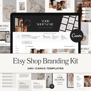 May include: A branding kit for Etsy shops with 140+ Canva templates. The kit features a black and white color scheme with gold accents. The image shows a variety of templates, including product listings, social media posts, and shop banners. The text "Etsy Shop Branding Kit" and "140+ Canva Templates" is displayed in a bold font.
