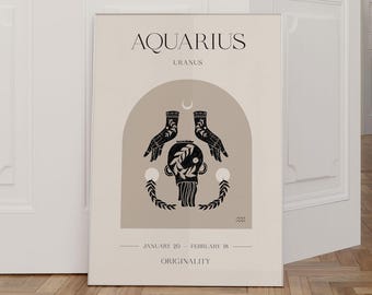 Aquarius Zodiac Sign Poster, Boho Zodiac Wall Art, Astrology Poster, Aquarius Gifts, Zodiac Sign Gifts