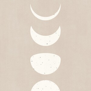 May include: Four white crescent moons in different phases, with a white circle at the bottom, on a beige background.