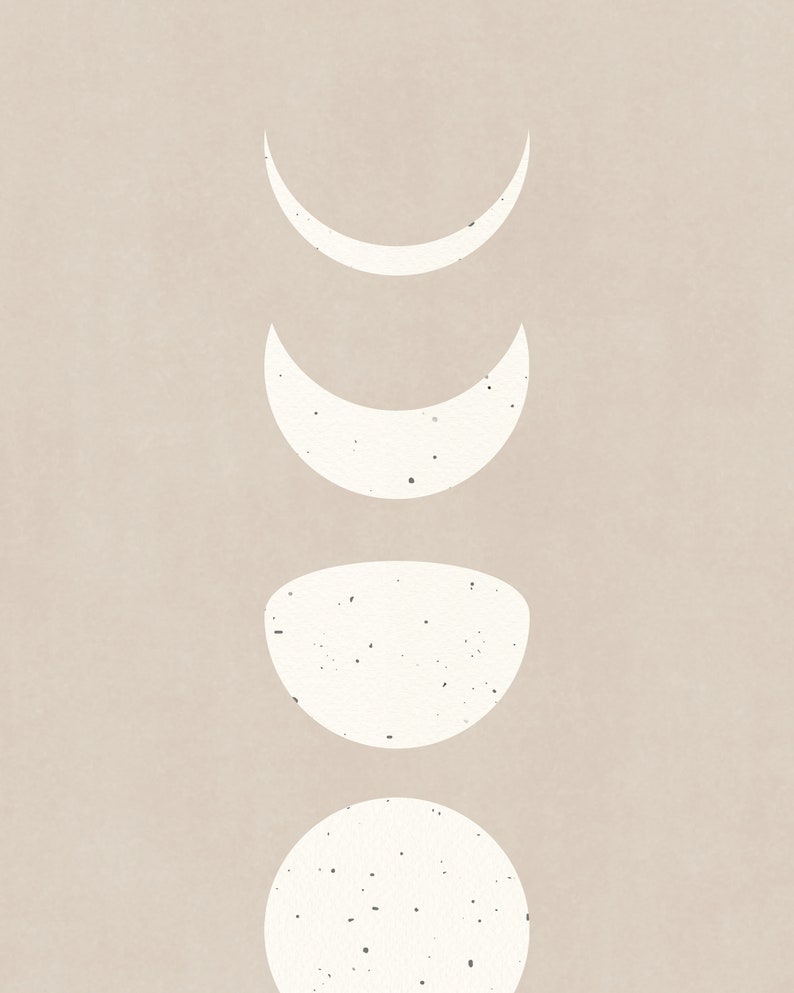 May include: Four white crescent moons in different phases, with a white circle at the bottom, on a beige background.
