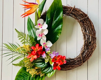 Bird of Pardise and Orchids Wreath, Tropical Wreath, Summer Wreath, Luau Decor, Tropical Decor, Coastal Wreath, Tropical Garden Wreath.