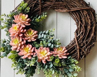 Faux Succulent Wreath, Coastal Wreath, Pink Succulent Wreath, Beach Wreath.