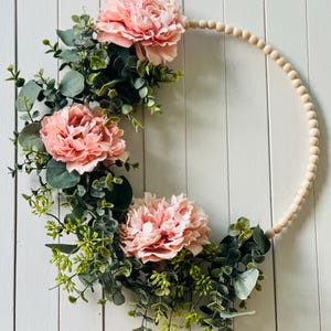 Year-Round Wreath, Wood Bead Hoop Wreath, Hoop Wreath with Lamb&#39;s Ear and Begonias, Pale pink begonias and Eucalyptus Wreath