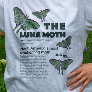 May include: White t-shirt featuring a detailed graphic of a Luna moth with green wings and the text "THE LUNA MOTH". The shirt includes information about the moth, with a measurement of 4.5 inches. The shirt is labeled "WHITE COMFORT COLOR".