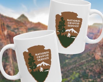 National Cryptid Service Mug, Bigfoot Coffee Cup, Spooky Season Halloween Gift, Outdoor Camping Sasquatch Mug, National Park Lover