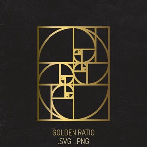 May include: A gold-colored graphic illustration of the golden ratio spiral composed of geometric squares and arcs centered on a dark black background. Below the geometric design, the text reads GOLDEN RATIO .SVG .PNG in a clean sans-serif font.